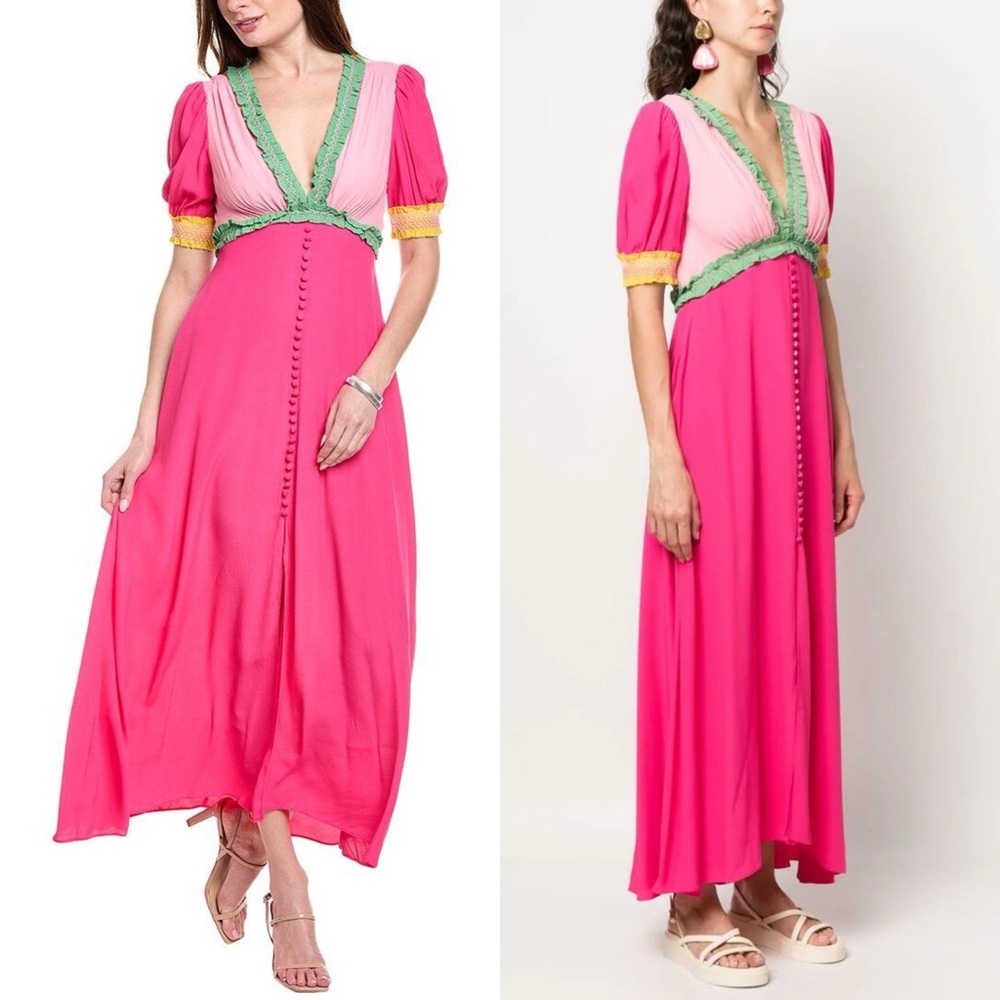 Saloni Lea Colorblock Crepe Maxi Dress Pink Green Size 4 US - Picture 13 of 13